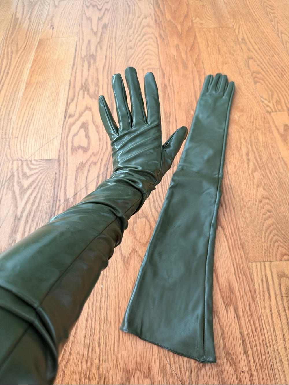 Long Military Green Leather Opera Gloves - Picture 6 of 8